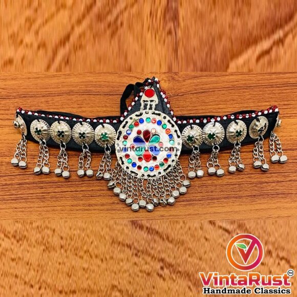 Silver Matha Patti, Traditional Matha Patti With Multicolor Glass Stone and Bell - Picture 1 of 14